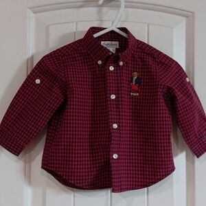 Ralph Lauren Baby Blue Label Dapper Polo Bear Roll Button Red Plaid Shirt 6mo